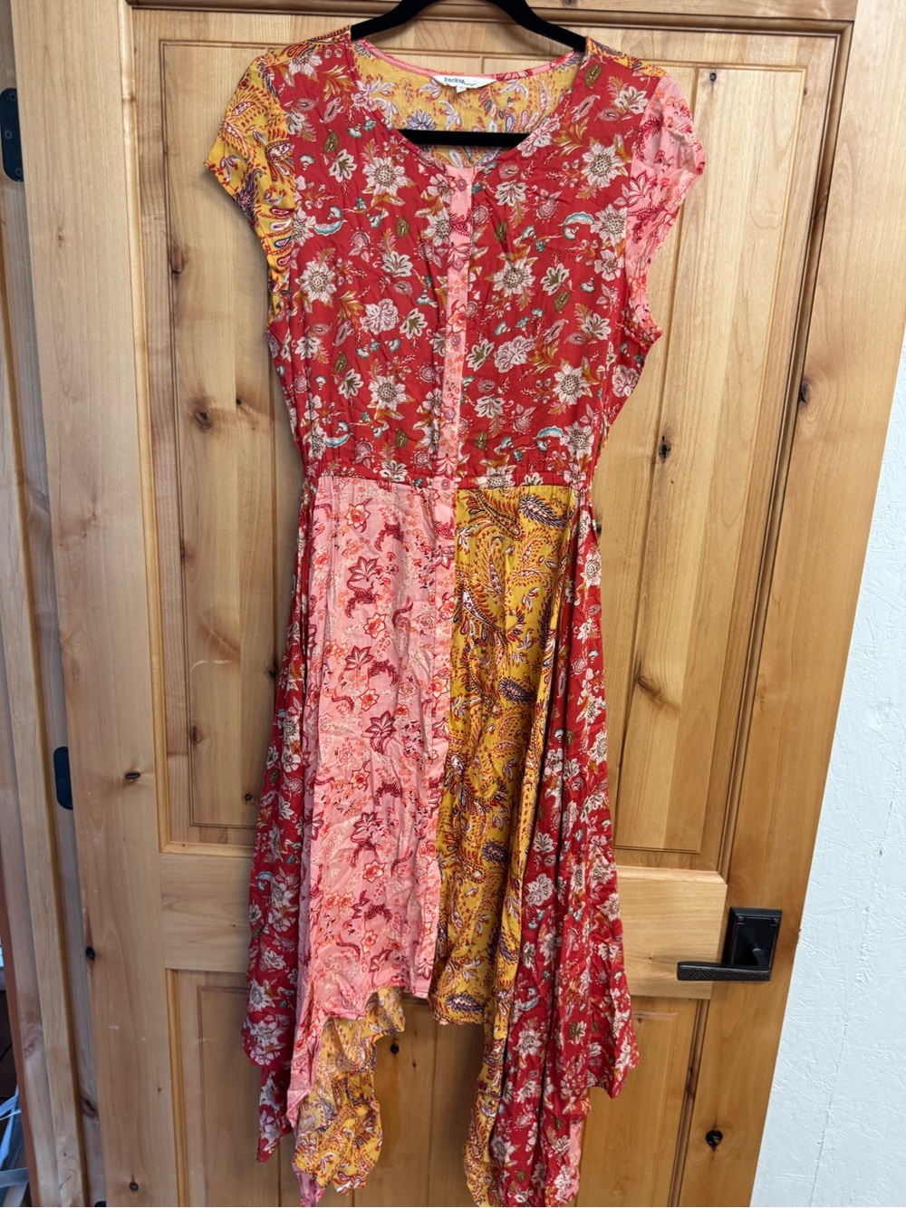 Boho Patchwork Floral Midi Dress in Red, Pink & Mustard
